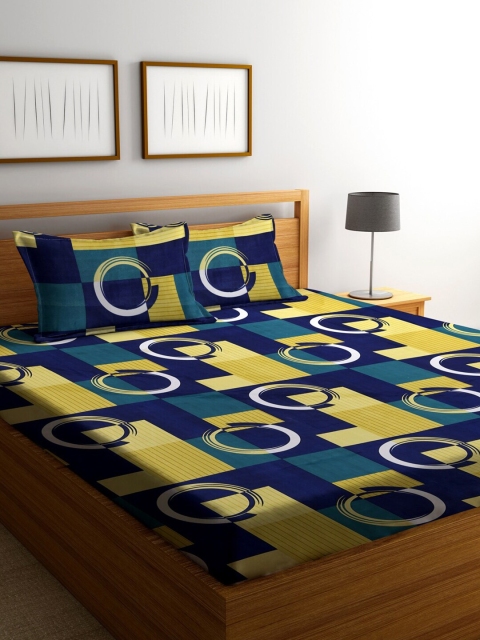 

Fashion String Yellow & Navy Blue Geometric 144 TC Queen Bedsheet with 2 Pillow Covers