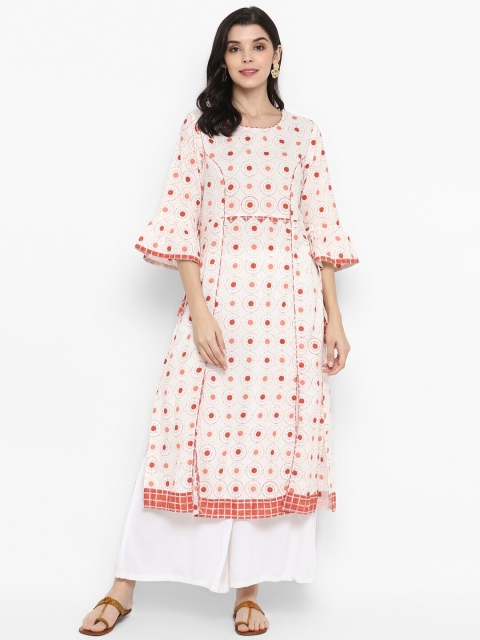 

ZOEYAMS Women Off White & Red Geometric Printed Flared Sleeves Kurta