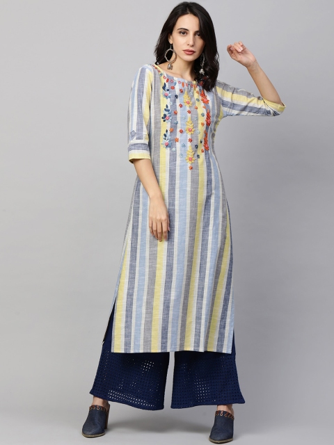 

FASHOR Women Grey & Yellow Striped Thread Work Kurta