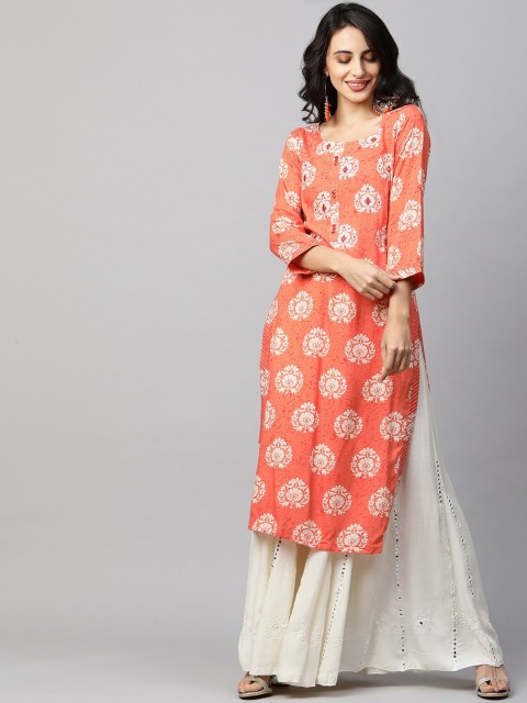 

FASHOR Women Orange & White Ethnic Motifs Printed Kurta