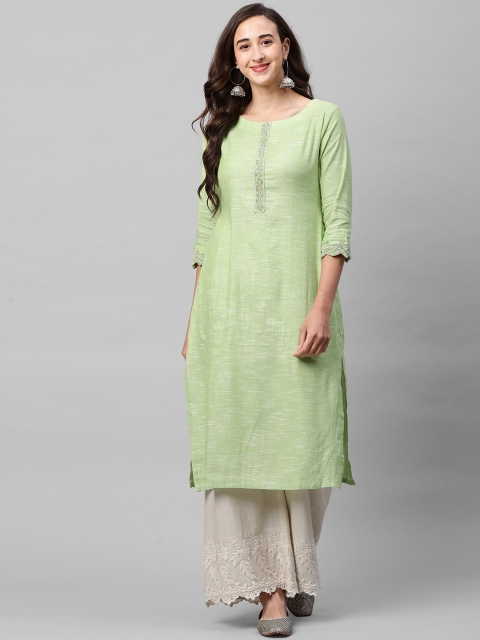 

FASHOR Women Green Textured & Embroidered Straight Kurta