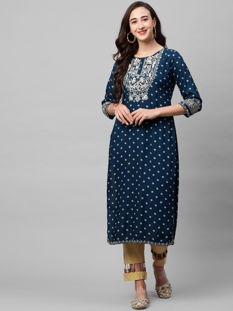 

FASHOR Women Teal & Beige Ethnic Motifs Yoke Design Thread Work Kurta