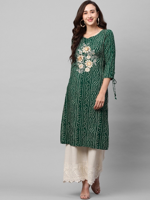 

FASHOR Women Green Printed & Embroidered Straight Kurta