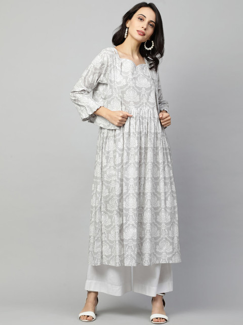 

FASHOR Women Grey & White Ethnic Motifs Printed Anarkali Kurta with Printed Jacket