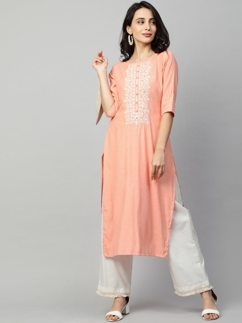 

FASHOR Women Peach-Coloured & Off White Thread Work Kurta