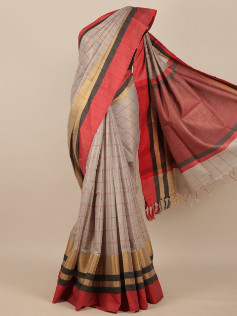 

Pothys Grey & Rust Red Checked Tissue Saree