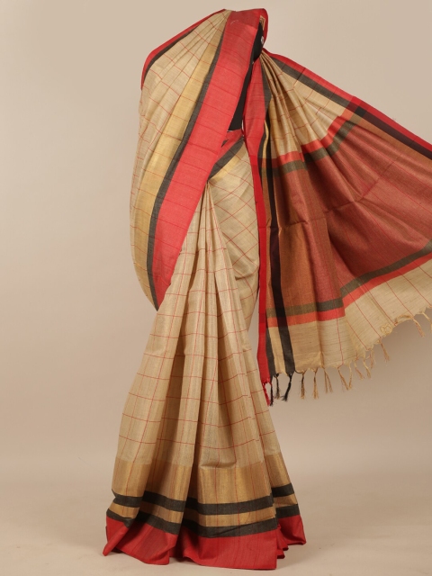 

Pothys Cream-Coloured & Red Checked Saree