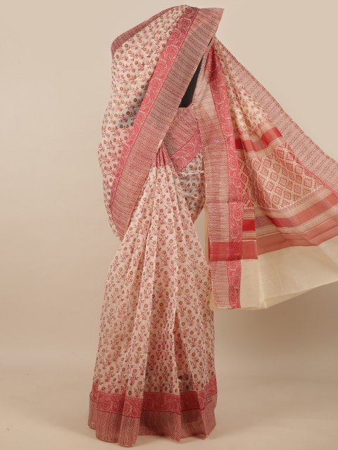 

Pothys Cream-Coloured & Peach-Coloured Floral Supernet Saree
