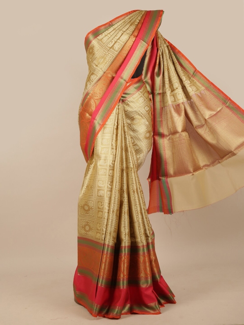 

Pothys Gold-Toned & Red Ethnic Motifs Muslin Silk Saree