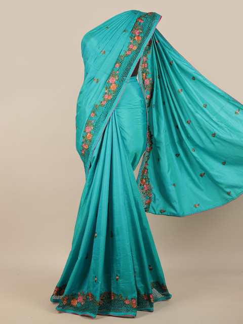 

Pothys Blue & Orange Floral Embroidered Art Silk Saree