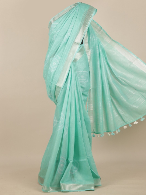 

Pothys Green & White Geometric Printed Zari Linen Blend Saree