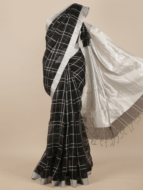 

Pothys Black & Silver Checked Zari Linen Blend Saree