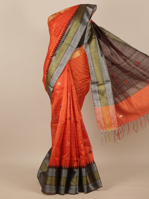 

Pothys Orange & Gold-Toned Checked Jute Silk Saree