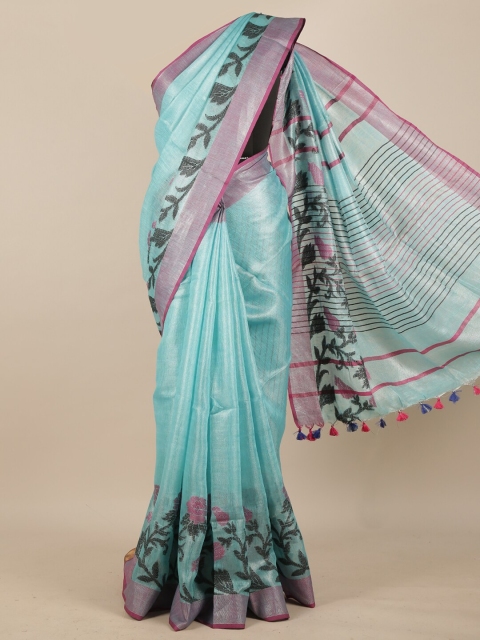 

Pothys Turquoise Blue & Pink Ethnic Motifs Woven Design Zari Linen Blend Saree
