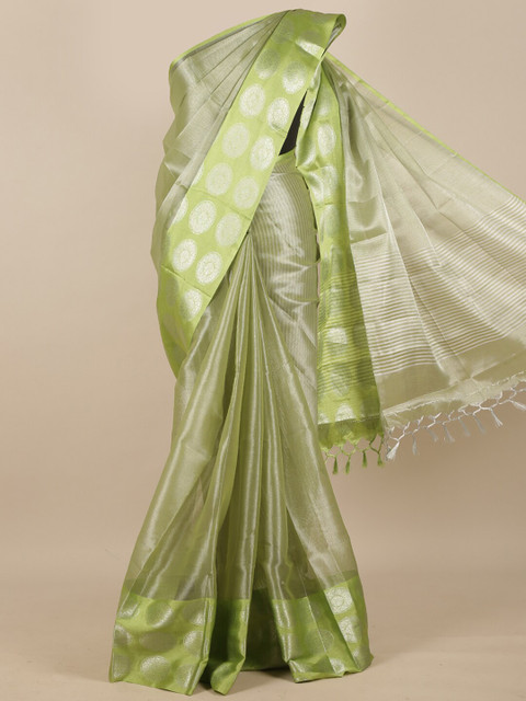 

Pothys Green & Silver-Coloured Striped Zari Tissue Saree