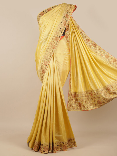 

Pothys Cream-Coloured & Orange Embroidered Art Silk Saree