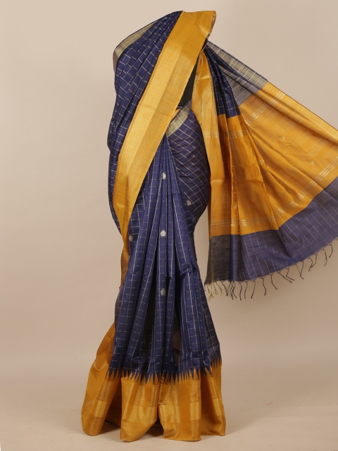 

Pothys Blue & Gold Checked Zari Zari Detail Jute Silk Saree