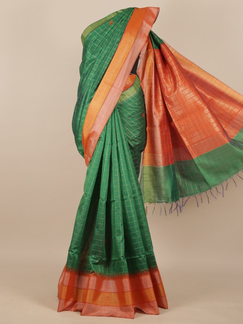 

Pothys Green & Orange Checked Zari Jute Silk Saree