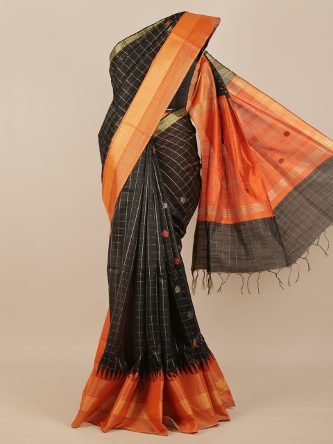 

Pothys Black & Orange Woven Design Checked Zari Detail Jute Silk Saree
