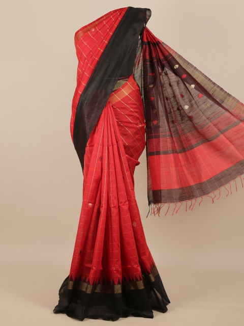 

Pothys Red & Black Checked Zari Jute Silk Saree