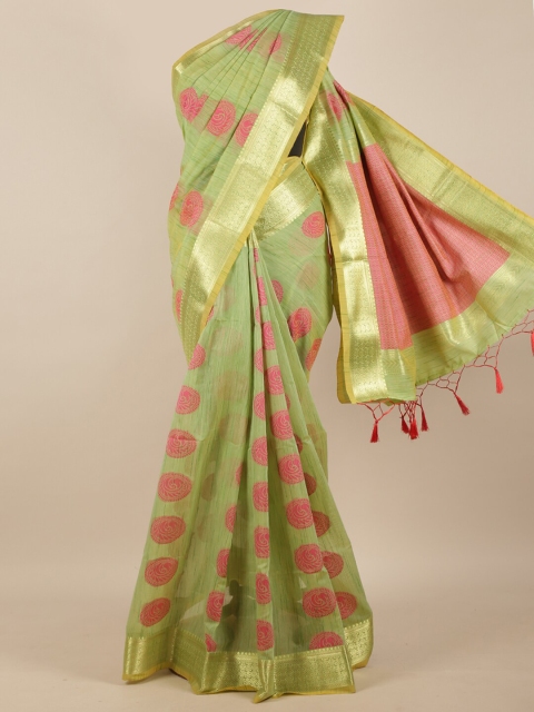 

Pothys Green & Pink Ethnic Motifs Zari Tissue Saree