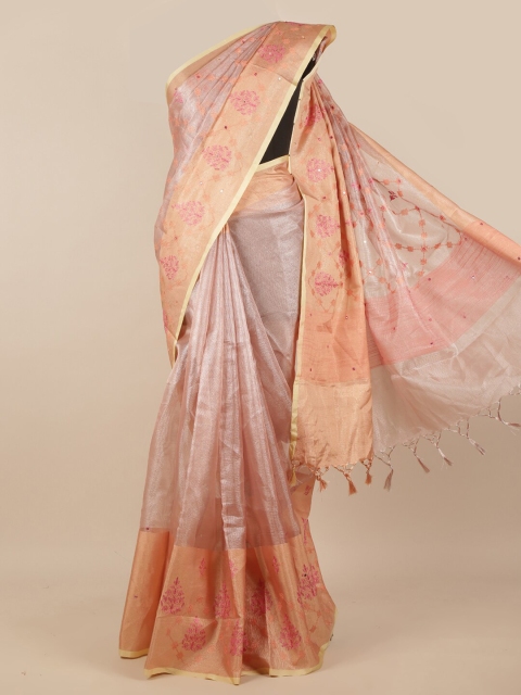 

Pothys Pink & Peach-Coloured Floral Embroidered Tissue Saree