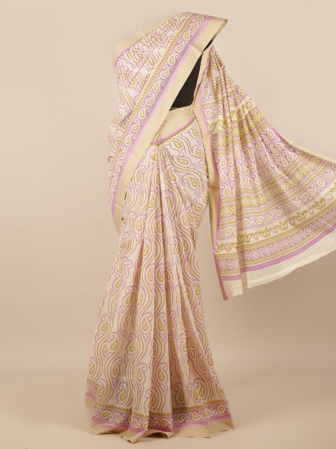 

Pothys Cream-Coloured & Purple Paisley Printed Saree