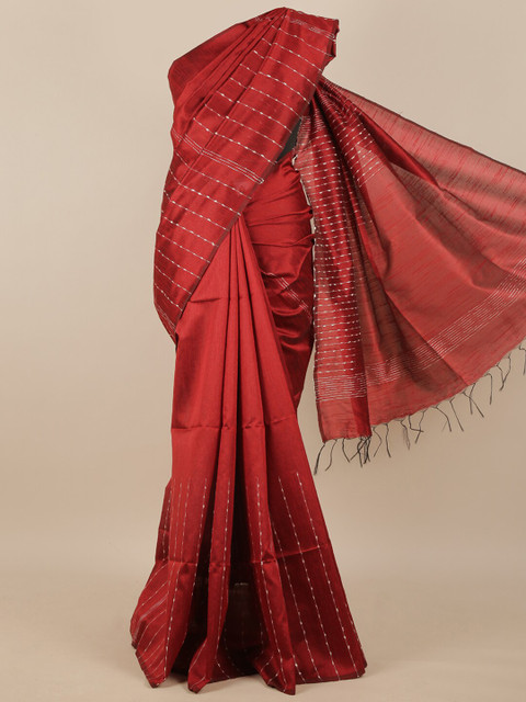 

Pothys Maroon Striped Embroidered Silk Blend Saree