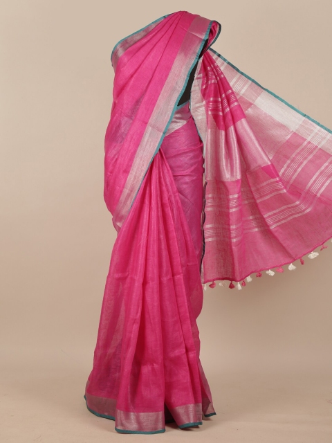 

Pothys Pink & Silver Zari Linen Blend Saree