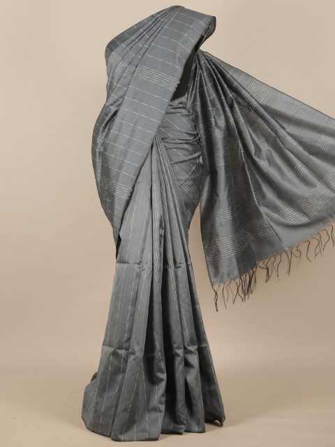

Pothys Grey & Gold-Coloured Striped Embroidered Silk Blend Saree