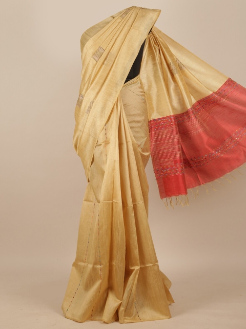 

Pothys Cream-Coloured & Red Striped Silk Blend Saree