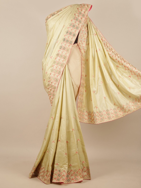 

Pothys Cream-Coloured & Pink Ethnic Motifs Embroidered Jaali Detail Art Silk Saree