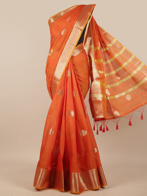 

Pothys Orange & Gold Ethnic Motifs Woven Design Zari Saree