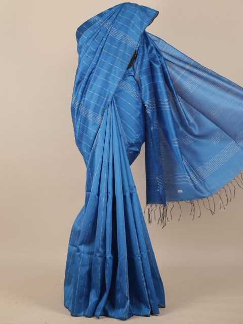 

Pothys Blue Striped Embroidered Silk Blend Saree