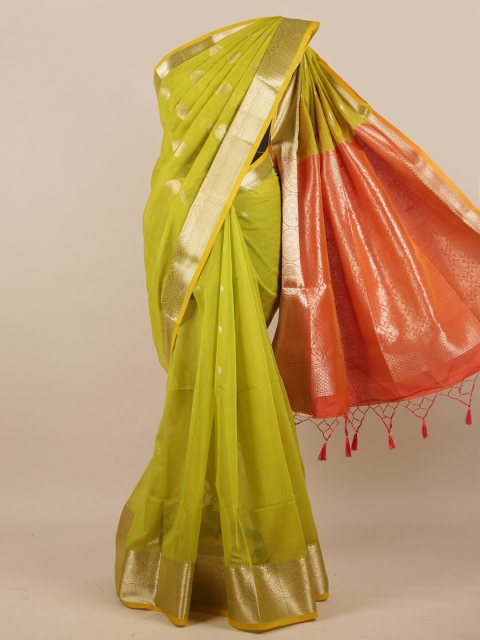 

Pothys Green & Orange Ethnic Motifs Woven Design Zari Saree
