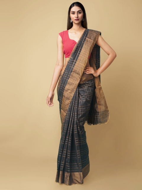 

Unnati Silks Black & Gold-Coloured Checked Handloom Art Silk Patola Saree