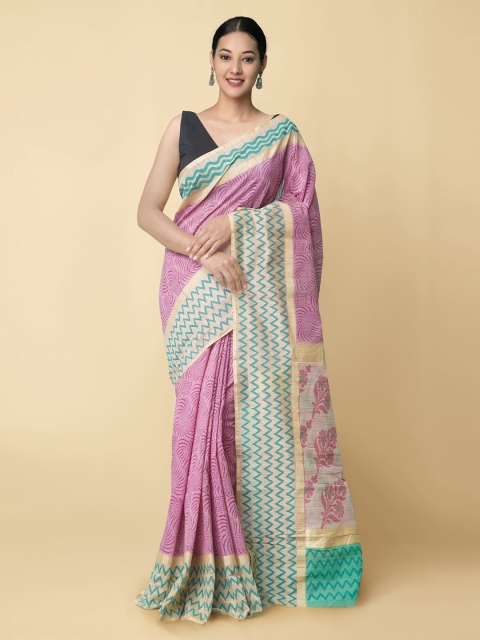 

Unnati Silks Pink & Green Geometric Printed Pure Handloom Jute Cotton Kasavu Saree
