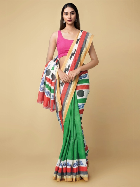 

Unnati Silks Multicoloured Geometric Block Printed Handloom Pure Cotton Kasavu Saree, Multi