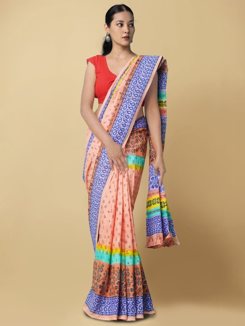 

Unnati Silks Women Peach & Blue Pure Block Printed Kerala Cotton Saree
