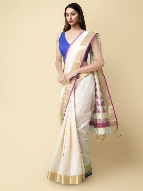 

Unnati Silks Beige & Purple Jute Silk Kasavu Sustainable Saree