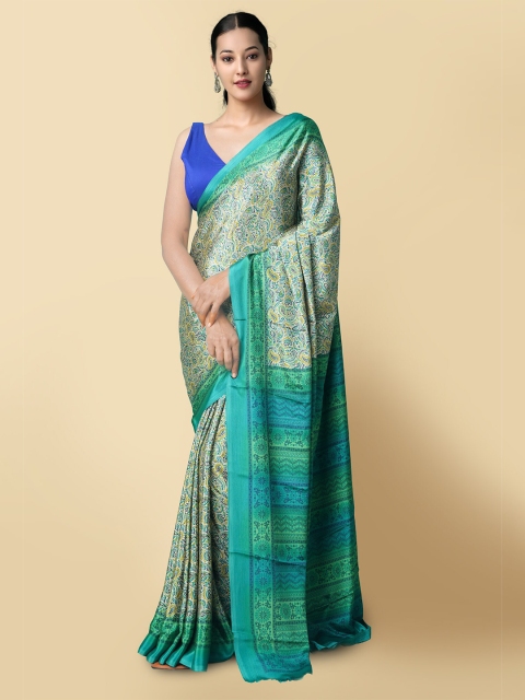 

Unnati Silks Green & Turquoise Blue Paisley Printed Pure Handloom Patola Saree