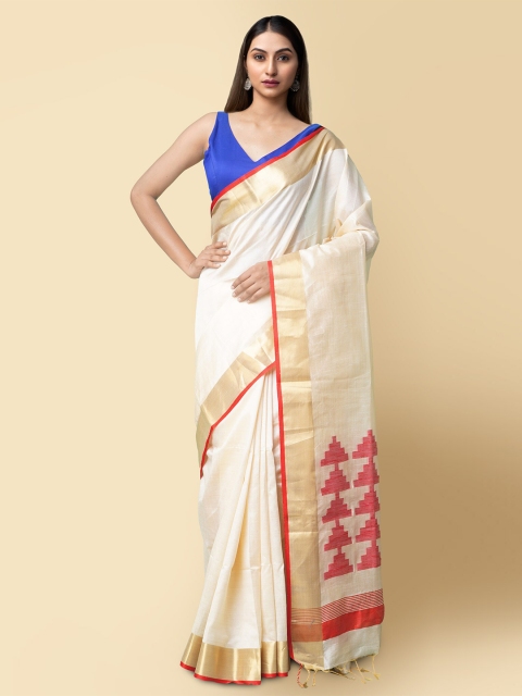 

Unnati Silks Beige & Red Handloom Jute Silk Patola Saree
