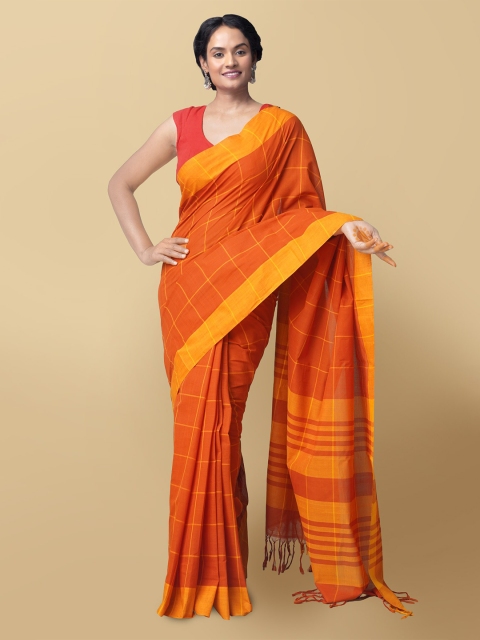 

Unnati Silks Rust & Orange Checked Pure Handloom Sustainable Cotton Venkatgiri Saree