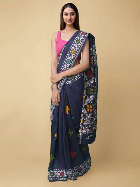 

Unnati Silks Women Navy Blue Pure Batik Chanderi Sico Saree