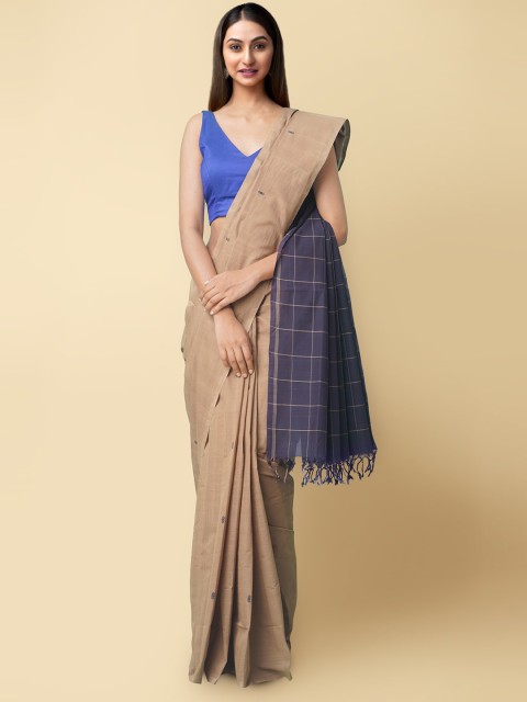 

Unnati Silks Brown & Blue Ethnic Motifs Woven Design Pure Cotton Venkatgiri Saree