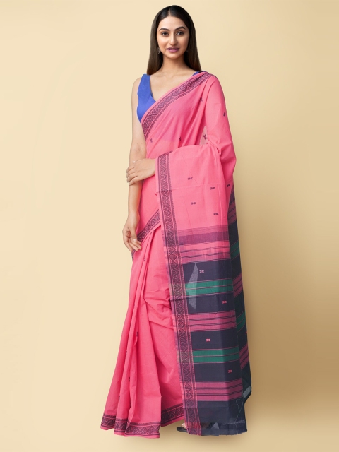 

Unnati Silks Pink & Navy Blue Pure Handloom Cotton Sustainable Venkatgiri Saree