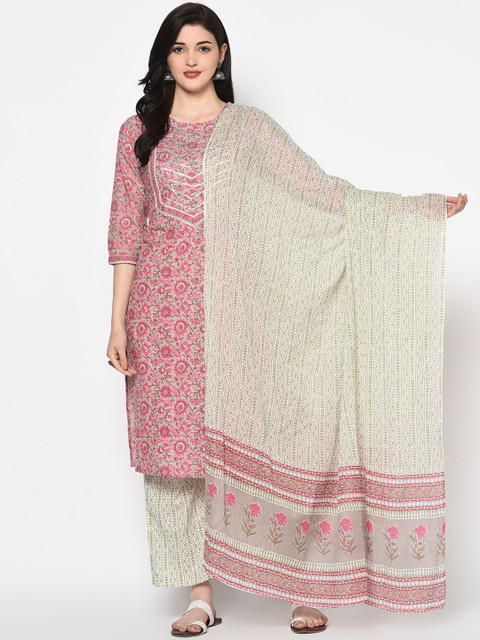 

GULMOHAR JAIPUR Women Pink Ethnic Motifs Printed Pure Cotton Kurta with Palazzos & With Dupatta