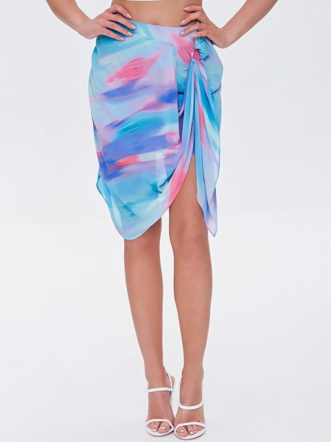 

FOREVER 21 Blue & Pink Abstract Printed Sarong-Style A-Line Mini Skirt