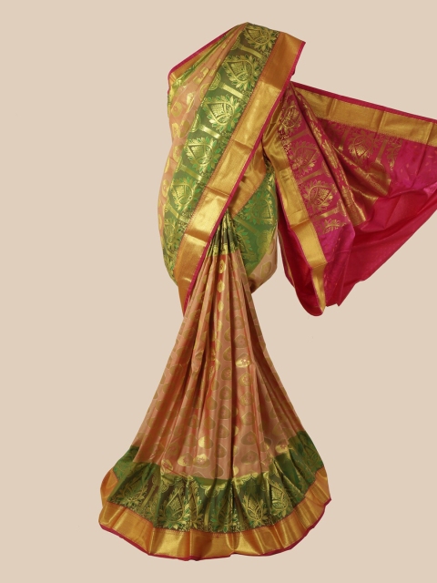 

Pothys Peach-Coloured & Green Ethnic Motifs Zari Pure Silk Saree