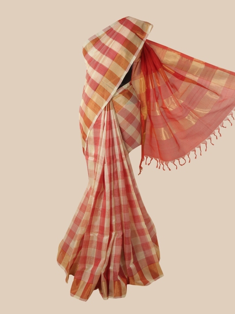 

Pothys Cream-Coloured & Red Checked Silk Cotton Saree